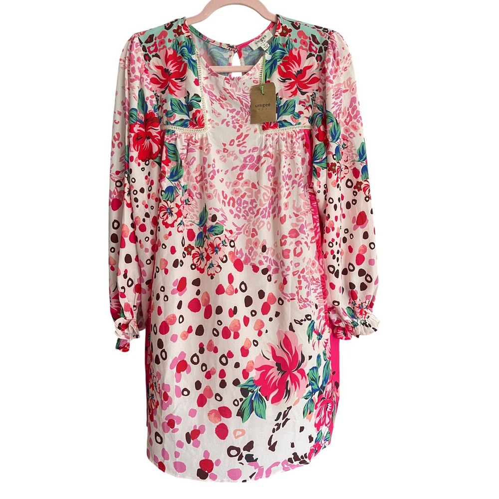 NWT Boutique Umgee Mixed Floral Leopard Print Lace Trim Shift Dress Pink Medium - Picture 3 of 9